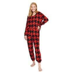 Juniors' SO® Boxy Long Sleeve Pajama Top & Pajama Pants Set -Cheap SO Store 5044482 Red Houndstooth