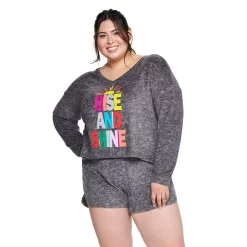 Juniors' Plus Size SO® Boxy Long Sleeve Pajama Top & Pajama Shorts Set 12 Juniors' Plus Size SO® Boxy Long Sleeve Pajama Top & Pajama Shorts Set -Cheap SO Store 5044485 Gray Heather