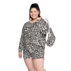 Juniors' Plus Size SO® Boxy Long Sleeve Pajama Top & Pajama Shorts Set 10 Juniors' Plus Size SO® Boxy Long Sleeve Pajama Top & Pajama Shorts Set -Cheap SO Store 5044485 Leopard Animal