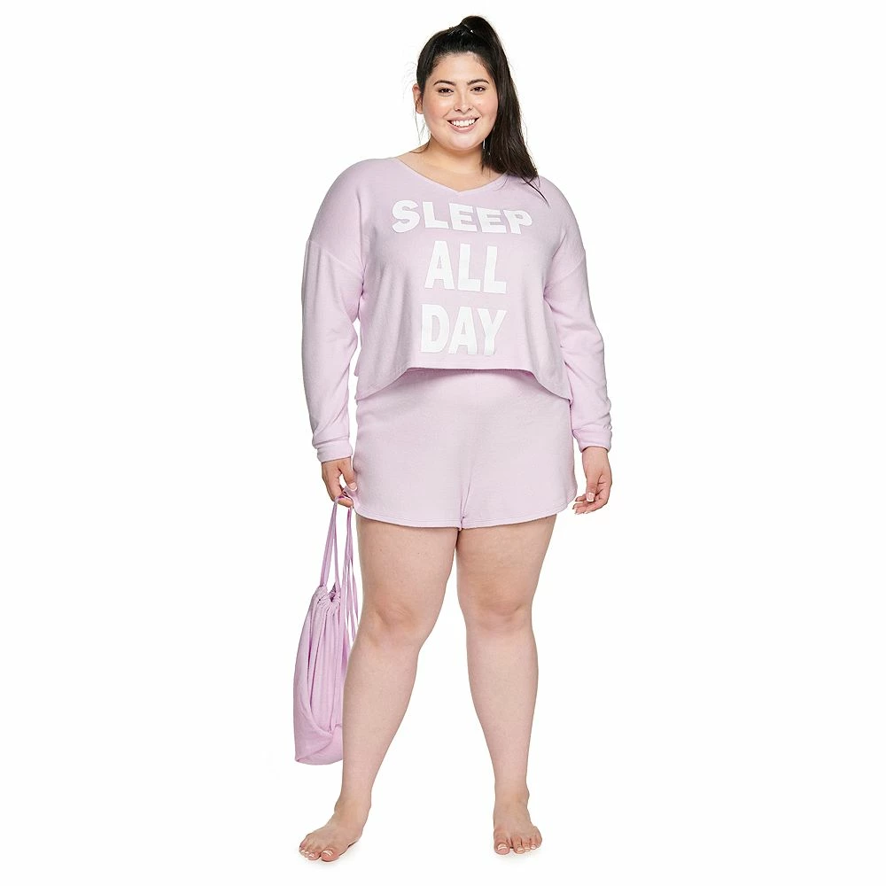 Juniors' Plus Size SO® Boxy Long Sleeve Pajama Top & Pajama Shorts Set 1 Juniors' Plus Size SO® Boxy Long Sleeve Pajama Top & Pajama Shorts Set