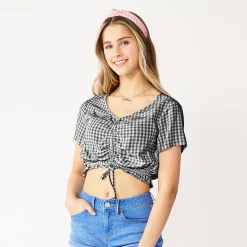 Juniors' SO® Short Sleeve Cinched Front Top -Cheap SO Store 5273329 Black Plaid