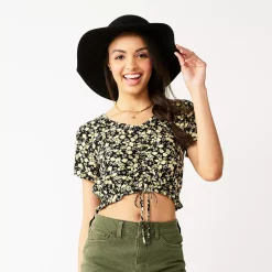 Juniors' SO® Short Sleeve Cinched Front Top -Cheap SO Store 5273329 Black Yellow Sloral