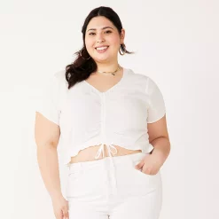 Juniors' Plus Size SO® Short Sleeve Cinched Front Top -Cheap SO Store 5273350 Coconut White