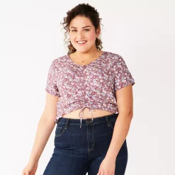 Juniors' Plus Size SO® Short Sleeve Cinched Front Top -Cheap SO Store 5273350 Purple Floral