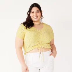 Juniors' Plus Size SO® Short Sleeve Cinched Front Top -Cheap SO Store 5273350 Soft Yellow Floral