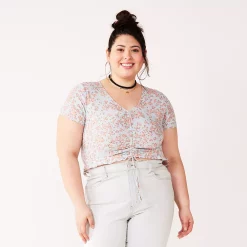 Juniors' Plus Size SO® Short Sleeve Cinched Front Top -Cheap SO Store 5273350 Teal Pink Floral