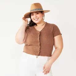 Juniors' Plus Size SO® Short Sleeve Button Front Top -Cheap SO Store 5356574 Cocoa Smoothie
