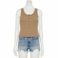 Juniors' SO® Lace Trim Button Front Tank Top -Cheap SO Store 5473650 Copper Walnut
