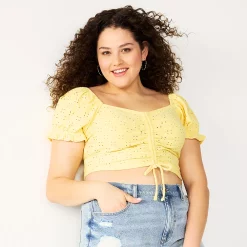 Juniors' Plus Size SO® Cinched Front Puff Sleeve Top