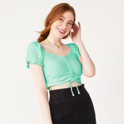 Juniors' SO® Cinch Front Puff Sleeve Top -Cheap SO Store 5494893 Ariel Blue