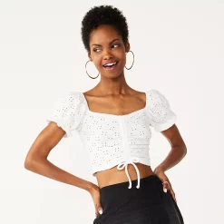 Juniors' SO® Cinch Front Puff Sleeve Top -Cheap SO Store 5494893 Modern White