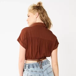 Juniors' SO® Cropped Tie Waist Camp Shirt -Cheap SO Store 5521559 ALT