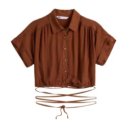 Juniors' SO® Cropped Tie Waist Camp Shirt -Cheap SO Store 5521559 ALT5