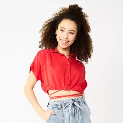 Juniors' SO® Cropped Tie Waist Camp Shirt