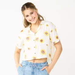 Juniors' SO® Cropped Button-Front Shirt -Cheap SO Store 5536484 White Sunflower