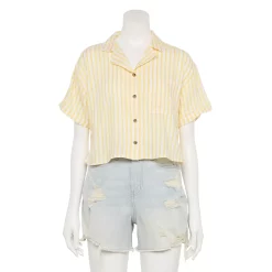 Juniors' SO® Cropped Button-Front Shirt -Cheap SO Store 5536484 White Yellow Stripe