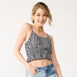 Juniors' SO® Cropped Cinch Waist Tank Top -Cheap SO Store 5548331 Black Gingham Plaid