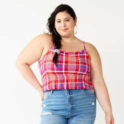 Juniors' Plus Size SO® Cropped Cinch-Waist Tank -Cheap SO Store 5548387 Red Purple Plaid