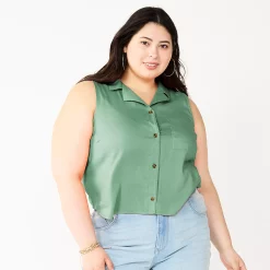 Juniors' Plus Size SO® Cropped Sleeveless Button Down Top -Cheap SO Store 5549541 Unique Green