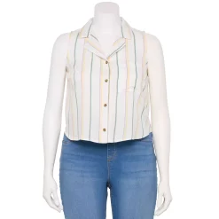 Juniors' Plus Size SO® Cropped Sleeveless Button Down Top -Cheap SO Store 5549541 White Multi Stripe