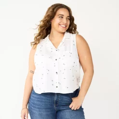 Juniors' Plus Size SO® Cropped Sleeveless Button Down Top -Cheap SO Store 5549541 White Star