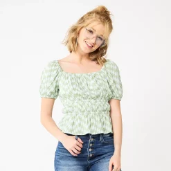 Juniors' SO® Ruffled Double Cinched Waist Top -Cheap SO Store 5551245 Green Check