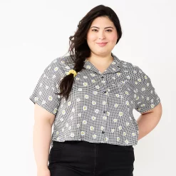 Juniors' Plus Size SO® Cropped Button Down Shirt -Cheap SO Store 5552605 Black Daisy Check