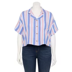 Juniors' Plus Size SO® Cropped Button Down Shirt -Cheap SO Store 5552605 Blue Red Stripe