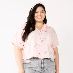 Juniors' Plus Size SO® Cropped Button Down Shirt -Cheap SO Store 5552605 Light Pink Tropical