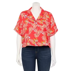 Juniors' Plus Size SO® Cropped Button Down Shirt -Cheap SO Store 5552605 Red Floral