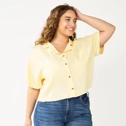 Juniors' Plus Size SO® Cropped Button Down Shirt -Cheap SO Store 5552605 Soft Yellow