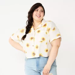 Juniors' Plus Size SO® Cropped Button Down Shirt -Cheap SO Store 5552605 White Sunflower