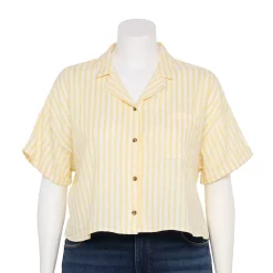 Juniors' Plus Size SO® Cropped Button Down Shirt -Cheap SO Store 5552605 White Yellow Stripe