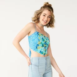 Juniors' SO® Cropped Print Handkerchief Tank -Cheap SO Store 5556601 Blue Check