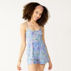 Juniors' SO® Scoopneck Skater Fit Romper -Cheap SO Store 5557173 Blue Purple Floral