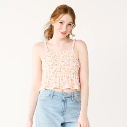 Juniors' SO® Ruffled Smocked Tank -Cheap SO Store 5557460 Cream Multi Floral