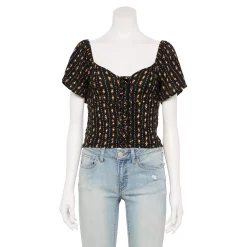Juniors' SO® Front Lace-Up Cropped Top -Cheap SO Store 5559824 Black Floral