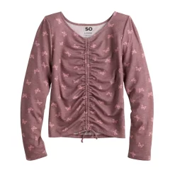 Girls 6-20 SO® Long Sleeve Cinch Front Tee in Regular & Plus -Cheap SO Store 5574801 Berry Butterfly