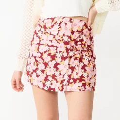 Juniors' SO® Double-Tie Wrap Mini Skirt -Cheap SO Store 5578020 Maroon Pink Floral