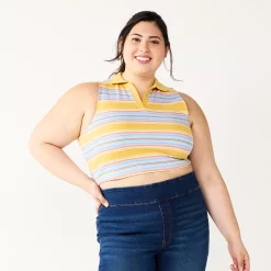 Juniors' Plus Size SO® Cropped Polo Tank -Cheap SO Store 5585623 Blue Gold Stripe