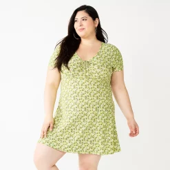 Juniors' Plus Size SO® Cinched Front Fit & Flare Peasant Dress -Cheap SO Store 5586420 Green Floral