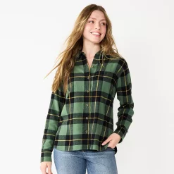 Juniors' SO® Button Front Flannel Top -Cheap SO Store 5646519 Black Olive Plaid
