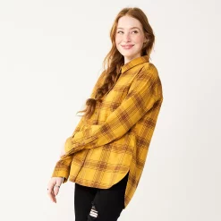 Juniors' SO® Button Front Flannel Top -Cheap SO Store 5646519 Gold Brown Plaid
