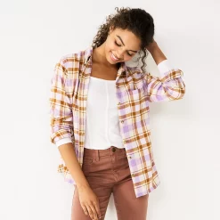 Juniors' SO® Button Front Flannel Top -Cheap SO Store 5646519 Lavender Rust Plaid