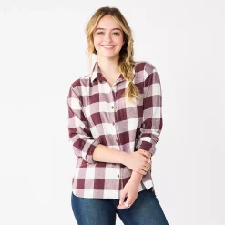 Juniors' SO® Button Front Flannel Top -Cheap SO Store 5646519 Maroon Buffalo Check
