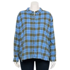 Juniors' SO® Plus Button Down Flannel -Cheap SO Store 5646543 Blue Live Plaid