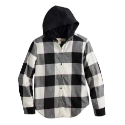 Girls 6-20 SO® Boyfriend Flannel Hooded Shirt in Regular & Plus Size -Cheap SO Store 5653276 Black Plaid