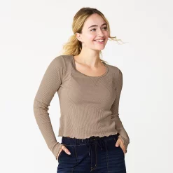 Juniors' SO® Basic Cropped Thermal Tee -Cheap SO Store 5663757 Heirloom Brown