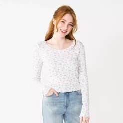 Juniors' SO® Basic Cropped Thermal Tee -Cheap SO Store 5663757 Ivory Floral