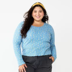 Juniors' Plus Size SO® Basic Thermal Cropped Tee -Cheap SO Store 5663783 Blue Gold Floral